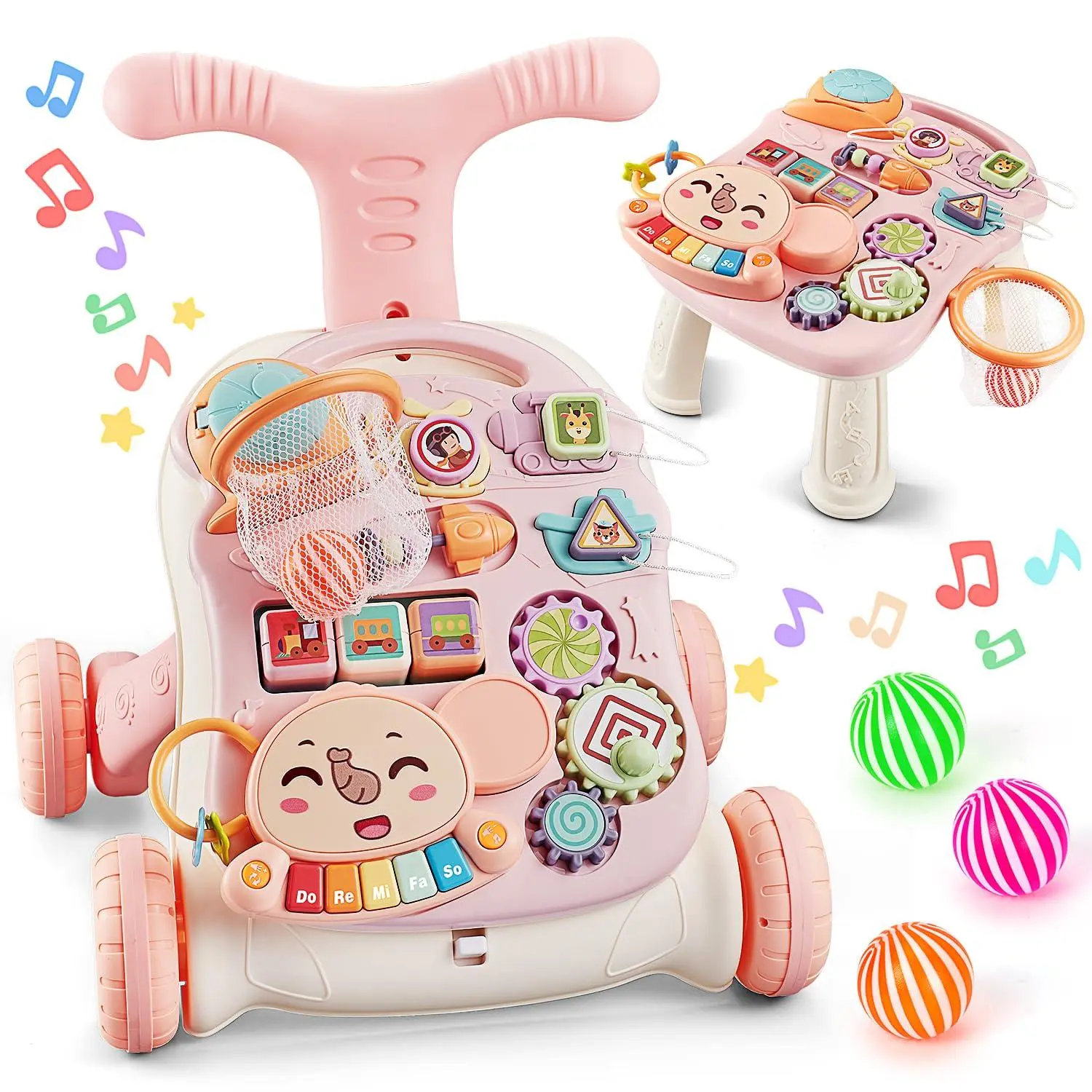 3-in-1 Baby Girl Walker - Children's Walking Assistant, Detachable Activity Center with Blocks, Early Educational Ride-On Toy Gift for Infants 12+ Months, Childrens Walking Assistant, Activity Blocks