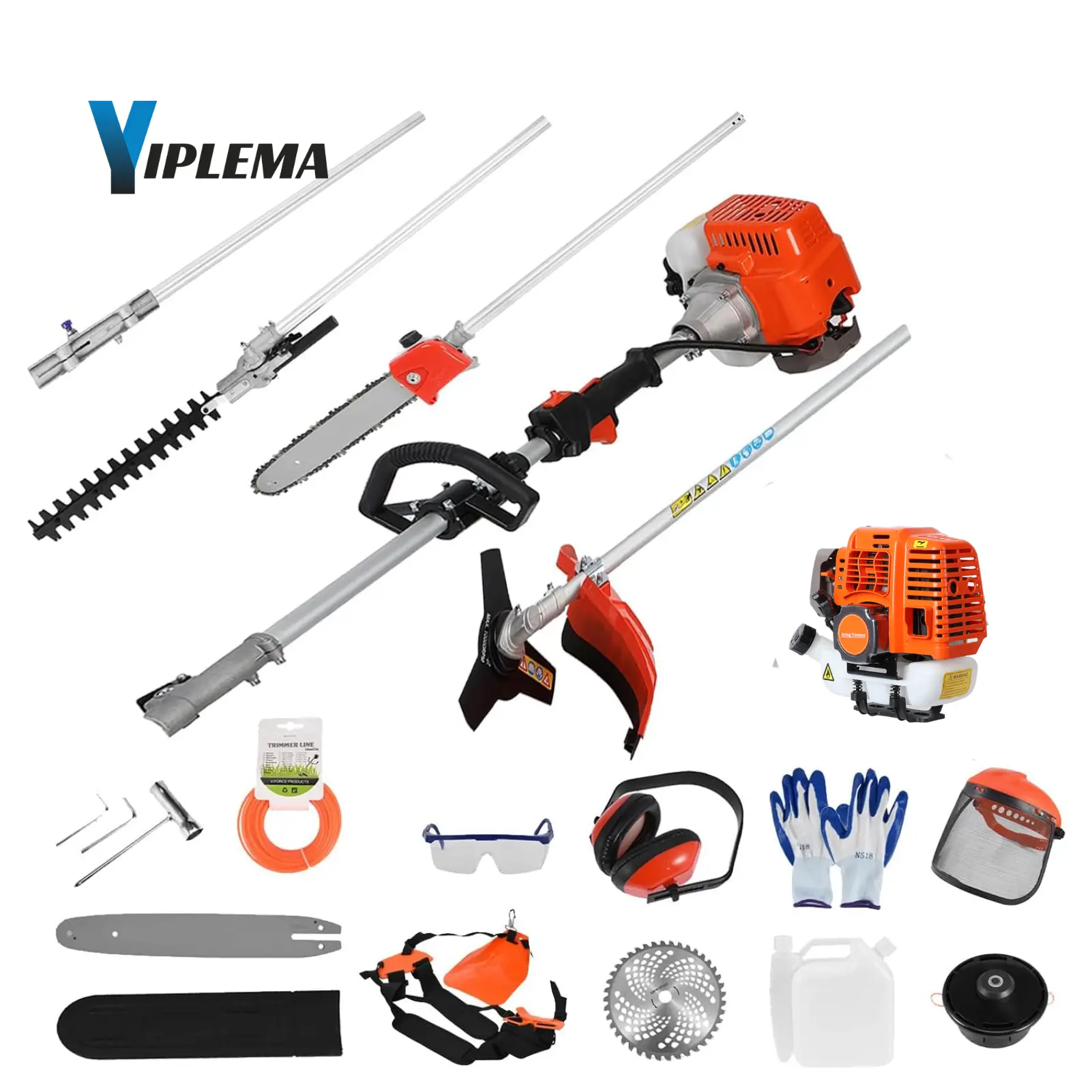 【Summerfinds】YIPLEMA 52CC 6-in-1 Multi-Functional Trimming Tools, Gas Hedge Trimmer, Weed Eater, String Trimmer, Brush Cutter, Edger, Pole Saw Chainsaw Pruner with Extension Pole, Cutting, Grass Trimmer Handle