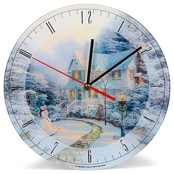 "Thomas Kinkade 'Night Before Christmas' 12-Inch Round Glass Wall Clock – Winter White Holiday Home Décor, Officially Licensed Painter of Light Artwork,  Silent Quartz Clock for Living Room, Kitchen, Mantel & Christmas Collectible Display"