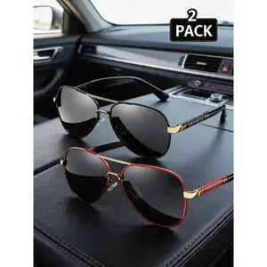 Unisex Full Rim Metal Polarized Aviator Frames Sunglasses (2 Pairs) - Durable, Anti-Glare PC UV-Protection Lenses, Ideal for Driving, Outdoor Activities,summerwins