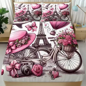 Pink Paris Sweet Romantic Fitted Sheet Set 3 Pcs (1 Fitted Sheet + 2 Pillowcases No Filler) Uses Soft Printing and Light Fit Fabric with Pink Eiffel Tower Pattern, Ideal for Girly Users, Romantic Fans and Decor Groups, Fits Bedrooms, Dorms Floral Sheets