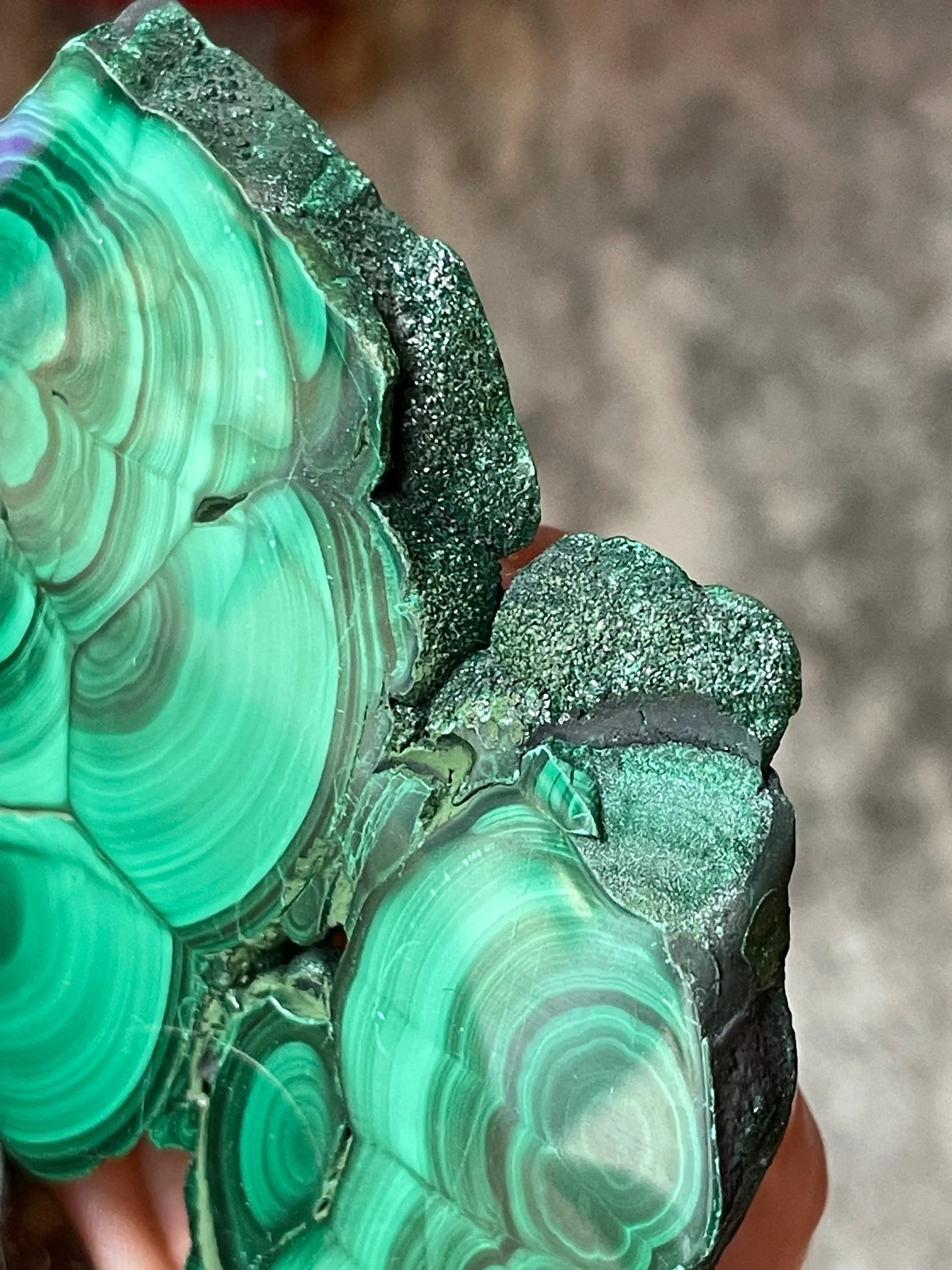 HQ Malachite polished slab with raw druzy