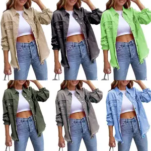 WomenCasualDenimJacketFrayedHemRippedLongSleeveJeanJacketWithPockets