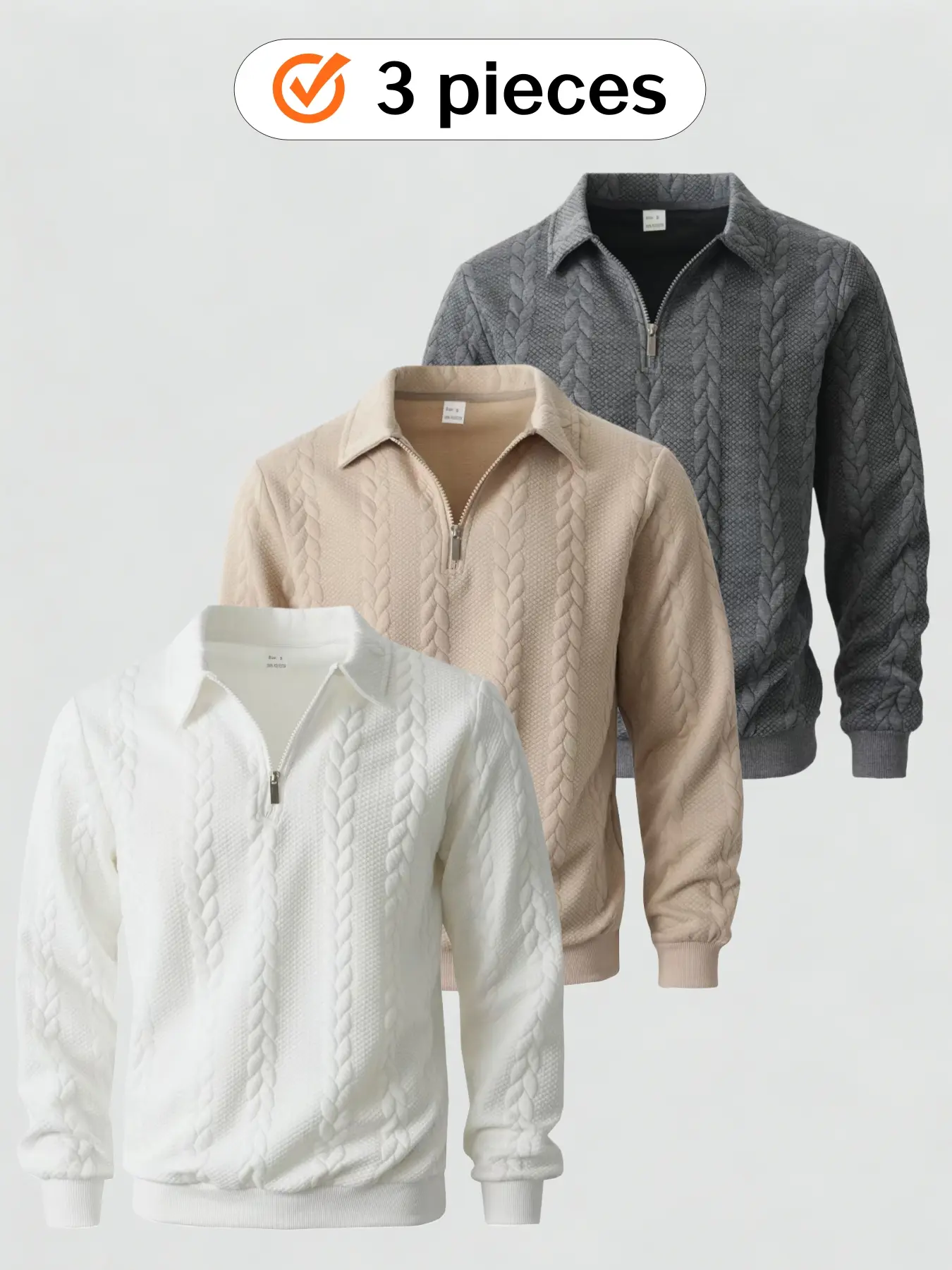This 3-piece men's half-zipper lapel, Collared knitted jacquard sweatshirt is made of soft fabric, features jacquard design, regular long-sleeved, can be layered, suitable for casual daily wear in autumn and winter Knitwear
