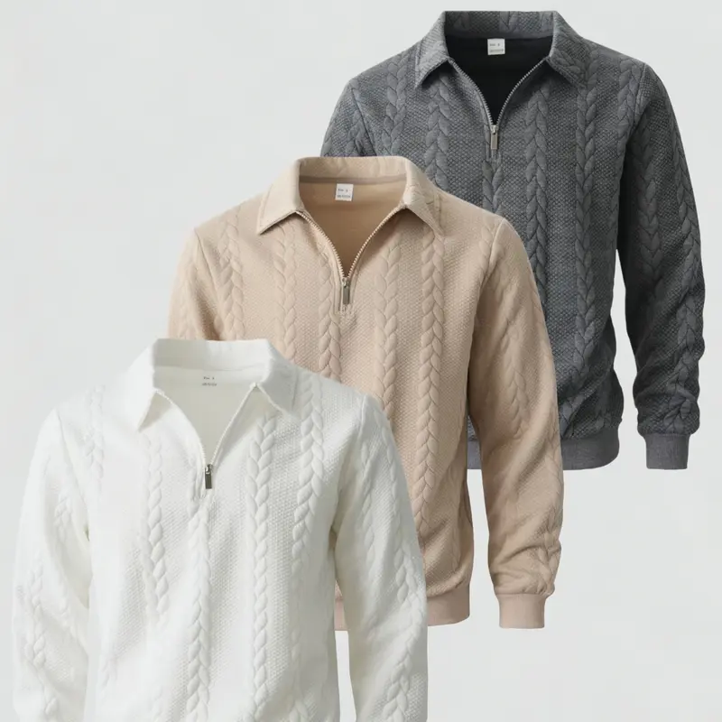 3-Piece Men's Collared Half-Zip Jacquard Knit Sweater, Soft Long-Sleeve Casual Knitwear Tops for Autumn and Winter Daily Wear