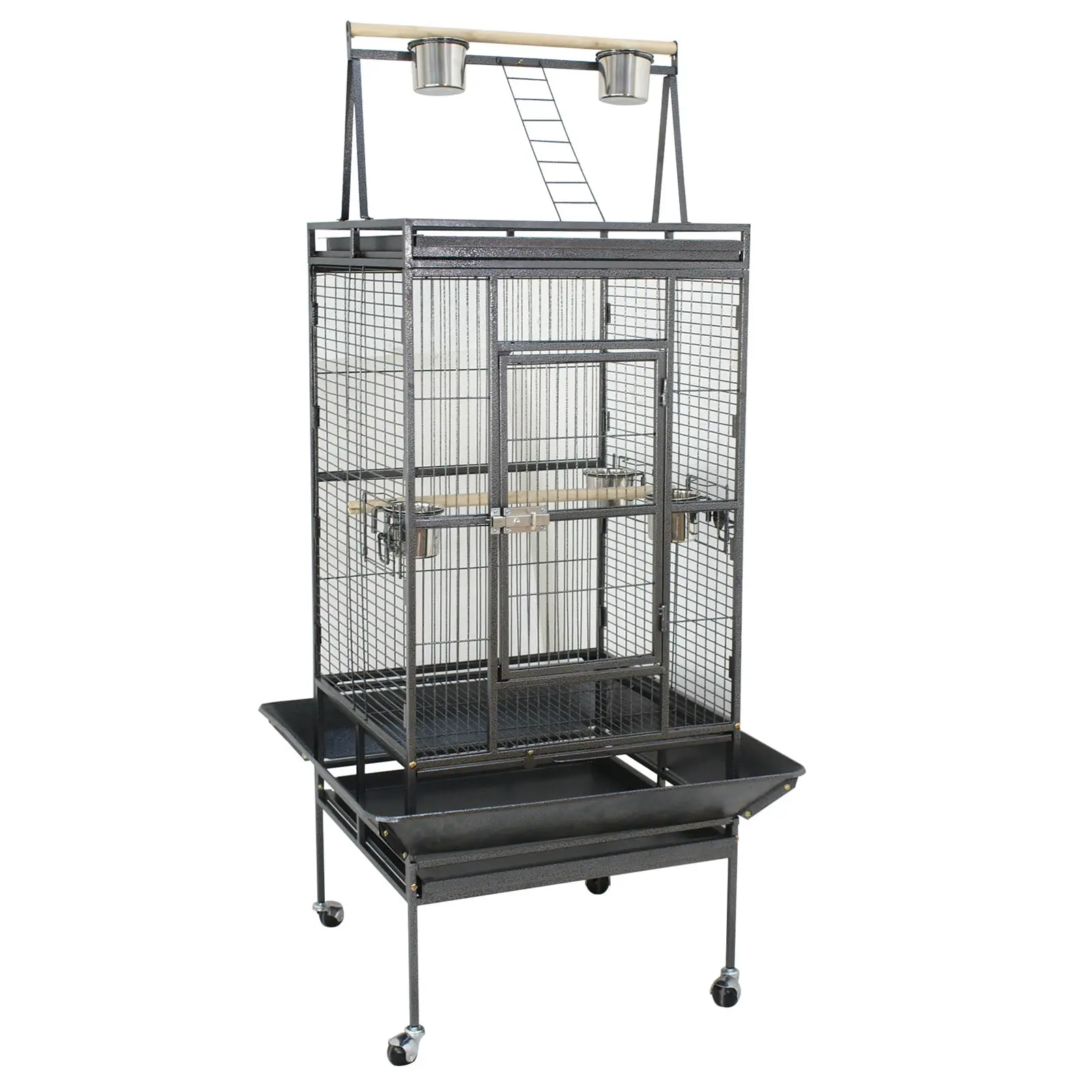 Pet Republic 68-in Durable Iron Rolling Metal Bird Cage - 2-in-1 Playtop Roof, Rolling Stand, Feeding Bowls, Secure Locking, Tall Design, for Small to Medium Parrots, Black, Durable Iron Cage, Rolling Metal Cage