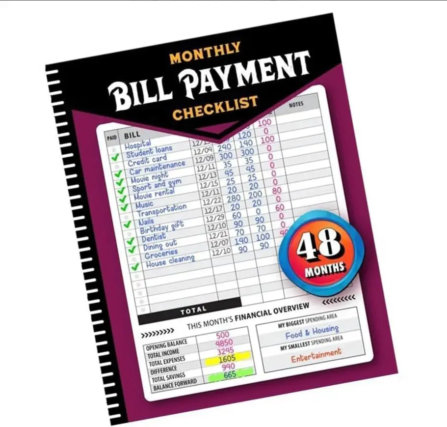 Hard Cover Bill Organizer Planner - 8"x10" Office Stationery with 4-Year Tracker & 960 Records