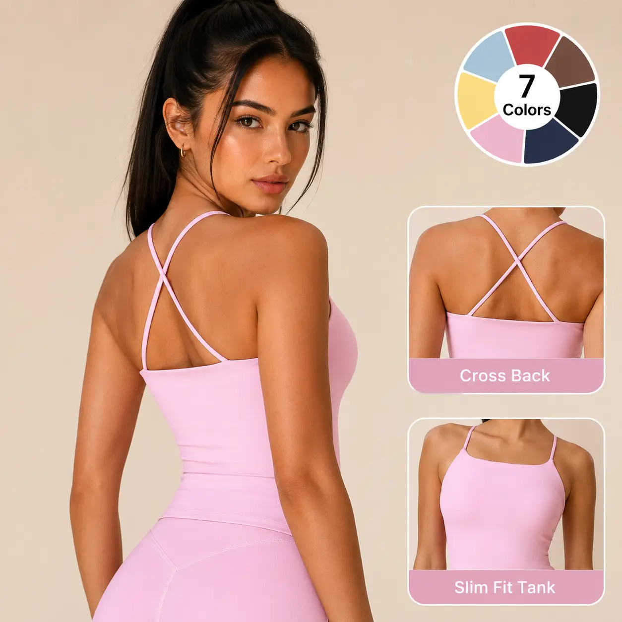Thin Strap Cross Back Slim Fit Soft Stretch Yoga Cami Tank Top for Women Workout Crop Top