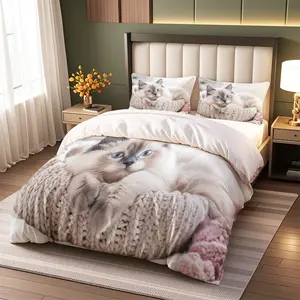 3pcs Lazy Cat Print Blanket Set, Soft Polyester Fabric, Zipper Design, Modern Style Bedding Essentials, Must-Have Home Decor, Bedding Sets