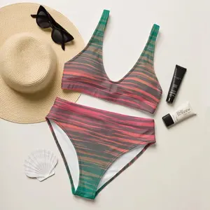 Women Sunset Ombre Stripe Bikini Set Colorful Abstract Wave High Waist Loose Comfortable Swimwear Beach Vacation Pool Party Summer Sunbathing Two Piece