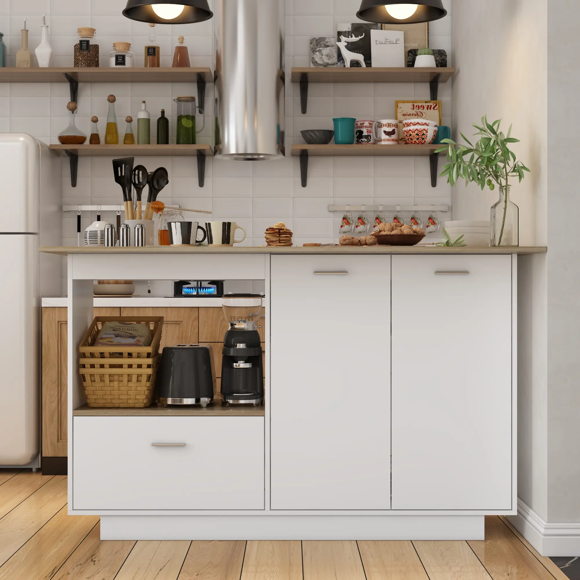 FUFU&GAGA 59.1" L Modern Storage Cabinet - Sturdy Kitchen Island with Brown Countertop, Clean Look Wood Prep Table, 65kg Capacity, 3 Hidden Shelves for Dining Room