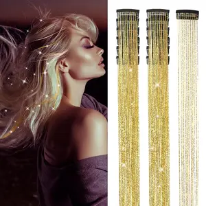 Gold Hair Tinsel Packs of 12Pcs Hair Extensions  Clip in Hair Tinsel Kit 20.5 inch Fairy Hair Tinsel Heat Resistant for Women Girls Glitter Hair Extensions for Christmas New Year Halloween Cosplay Party (Golden) braiding hair