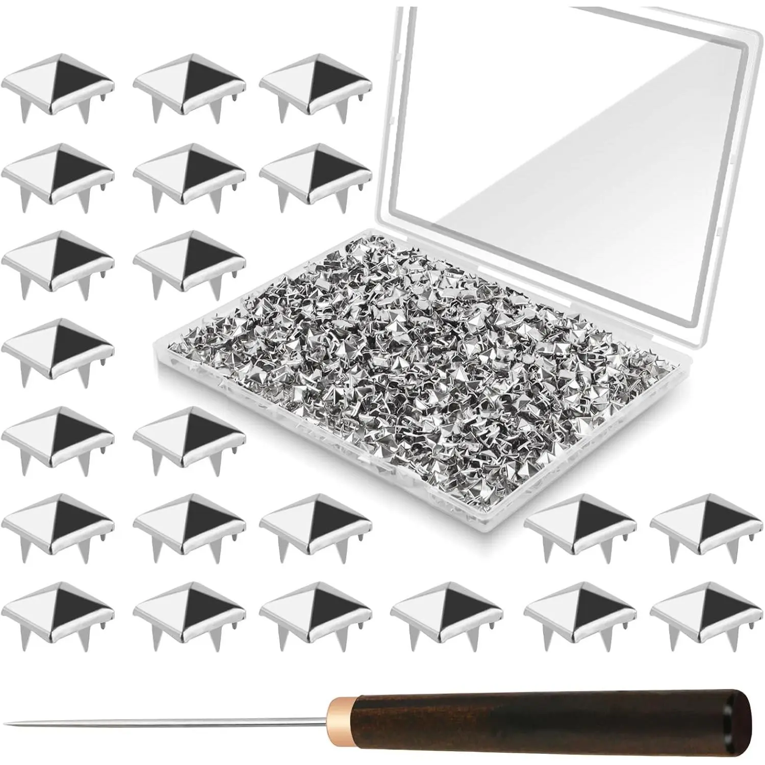 1300 Pieces 10 mm Silver Pyramid Studs for Clothing, Four-jaw Square Metal Studs for Crafts, Spike Studs for Leather Crafting, Bags, Shoes, Dog Collars with Awl