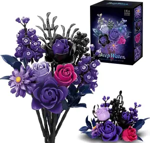 Flowers Bouquet Building Set Roses Purple Compatible with Lego Botanical Collection Gothic for Women Adults Girls Home Office Decor