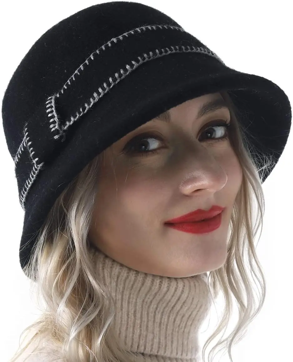 Women Elegant Winter Wool Bucket Hat 1920s Vintage Cloche Bowler Hats (Black)