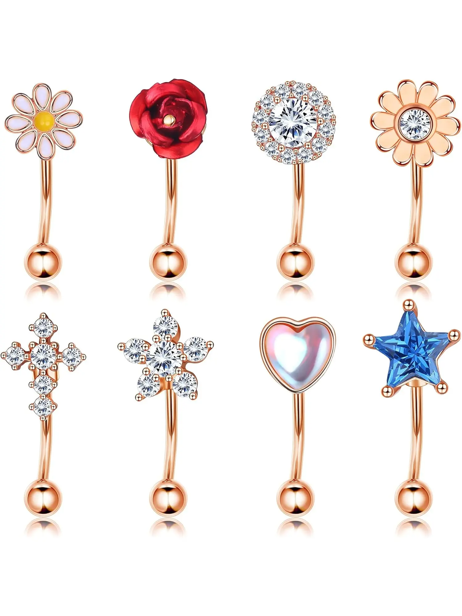 Diverse 8 Pcs Rose Golden Eyebrow Rings Elegant 16G Surgical Steel Rook Piercing Jewelry for Women Men Shining CZ Curved Barbell Belly Ring Helix Pierced Ring Daith Earrings Tragus Helix Piercings Set Body Jewelry Body Jewellery