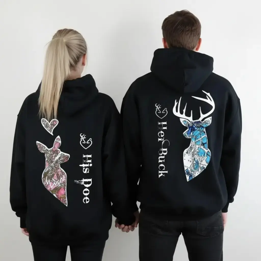 Men's-Women's Matching Her Buck & His Doe Couple Hoodies - Stylish Baggy 2-Piece Pullover Tops, Casual Fleece Sweatshirts, Everyday Couple Gift, Fit
