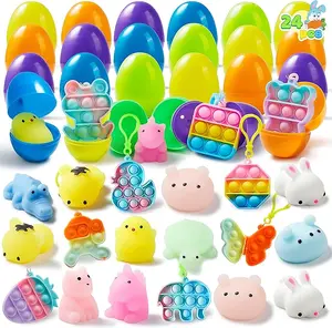 Easter 2026 Gift 24 PCS Prefilled Easter Eggs with Assorted Toys Filled with Mochi Squishy Toys and Pop Bubble Fidget Keychains,Stress Reliever Toys for Easter Basket Stuffers, Party Favors, Easter Egg Hunt