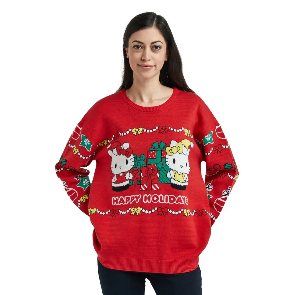 Hello Kitty & Mimmy Happy Holidays Women's Red Crew Neck Long Sleeve Oversized Sweater Small, Bows, Cartoon Style