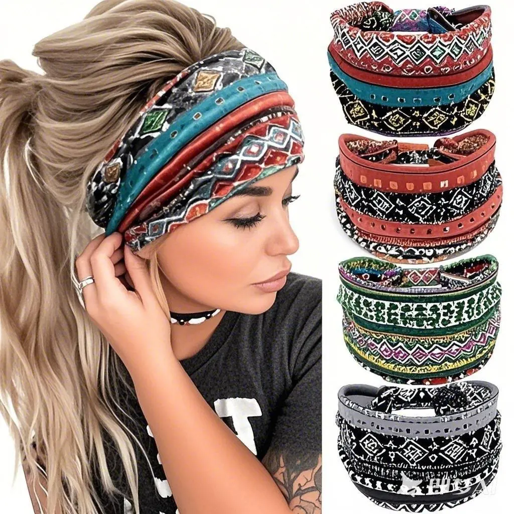 4Pcs Headbands for Women, Non Slip Wide Elastic Thick Headbands, Soft Stretchy Sports Sweat Bands, Twist Knotted Cotton Turban Hair Accessories for Workout Running Gym Spa