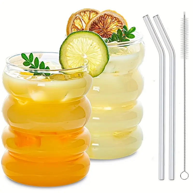 2pcs 12oz Wavy Glass Cups, Glass Beverage Cups, Glass Cup Set, Packaged in Pearl Box, with Straw, Cleaning Brush, Coffee Cup, Juice Cup, Wine Glass, Glassware, Gift for Someone Special, Glass Creative Cup, Glass Drinking Cup