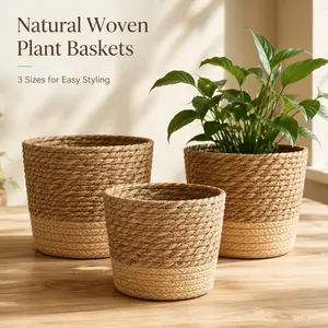 Three-Piece Handwoven Round Rustic Flower Pots, Ideal for Small and Medium Plants, Perfect for Indoor and Outdoor Decor