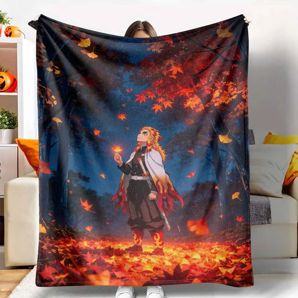 Kyojuro Rengoku Inspired Multi-Size Printed Flannel Blanket - Vibrant Autumn Maple & Ginkgo Leaf Print, Flannel Fabric, Cozy Breathable, Blankets for Sofa, Indoor/Outdoor Use, Anime Fan Gifts