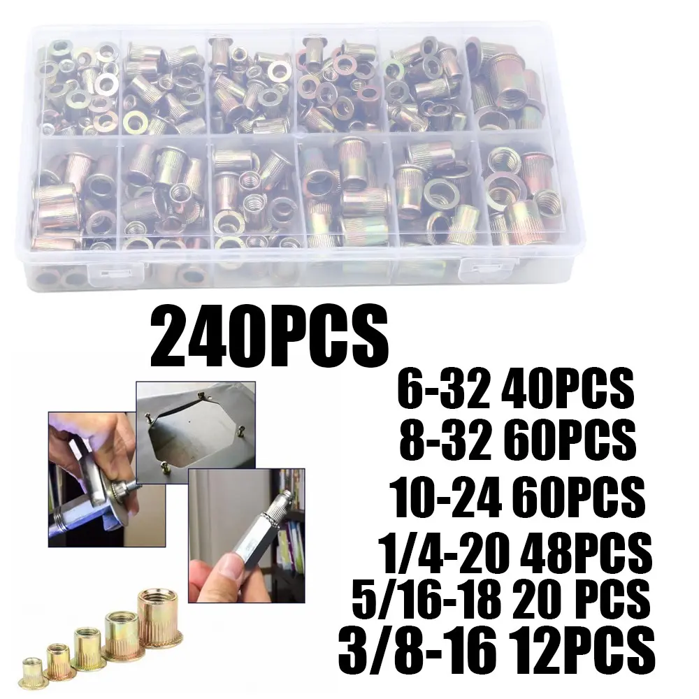 240pcs Carbon Steel Galvanized Industrial Rivet Nuts, Flat Head Pull Rivet Nuts, High Strength Imperial Color Zinc Nuts, Straight Groove Rivet Nuts