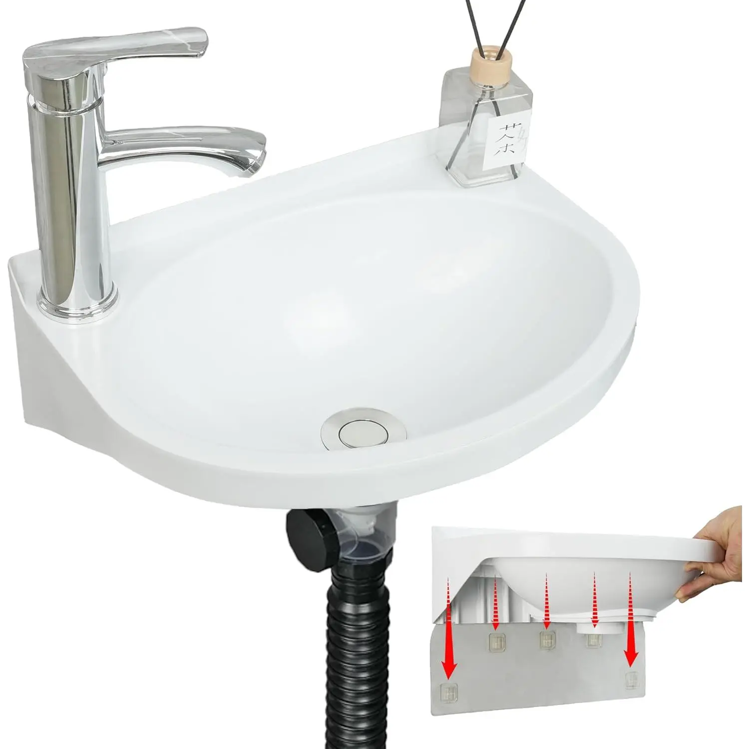 Small Bathroom Sink Wall Mount Bathroom Sink Wash basin, No-Drill Installation Self-Adhesive Sink 15.7 x 11 Inch with 1.26/0.86 Inch Faucet Hole, Mini Rv sink Plastic Sink for , Dorm, Garage