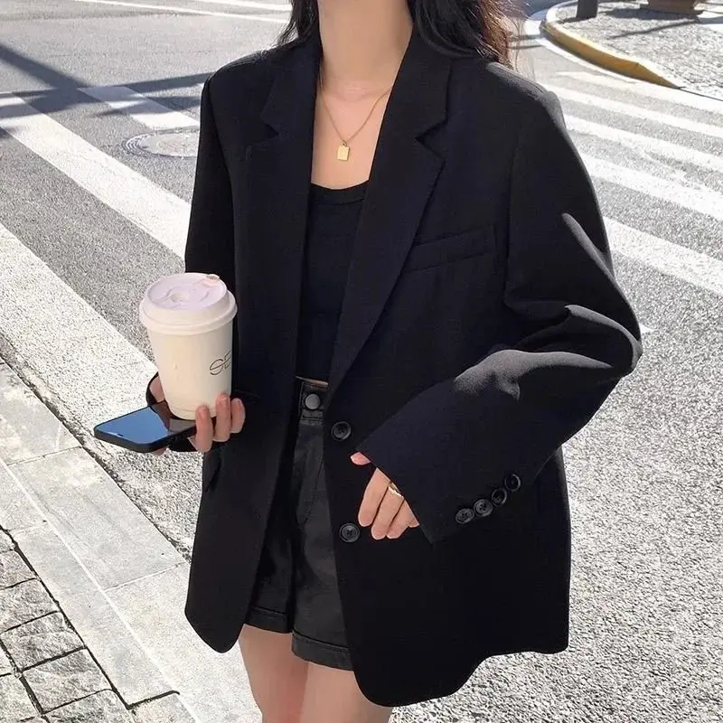 Spring Autumn Black Blazers for Women Fashion Streetwear Single-Breasted Small Suit Jacket Casual Loose Long Sleeve Outerwear