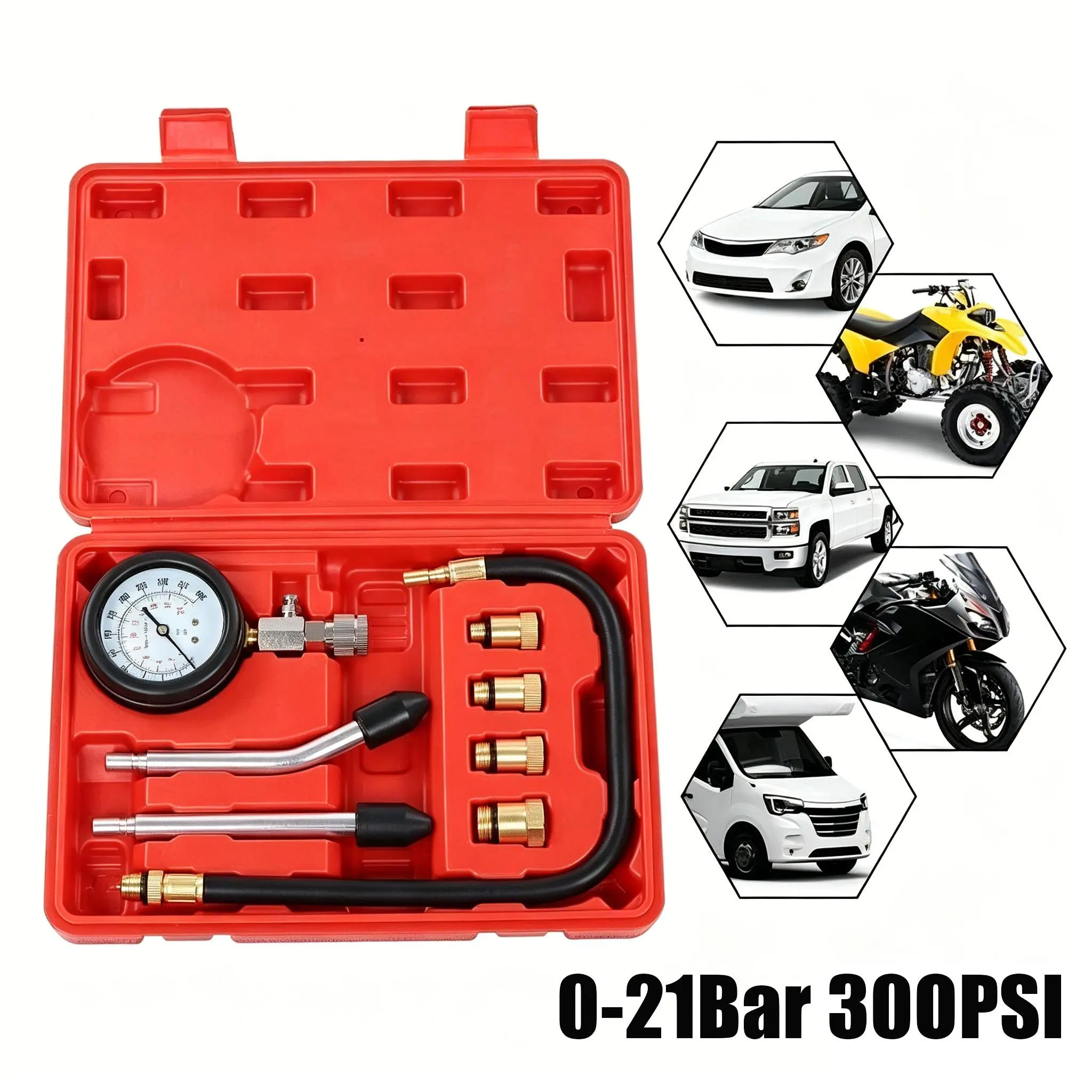 8PCS Petrol Engine Cylinder Compression Tester Kit - 0-21bar 300PSI Dual Scale 3-inch Color-coded Gauge, Multi Thread Adapters, Non-threaded Rubber Cone Ends, Pressure Release Button for Cars, Motorcycles, Garage Use