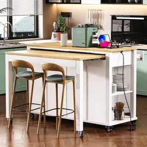 47 inch Kitchen Island with Extendable Dining Table, Rubber Wood Veneer Kitchen Table with Internal Storage Rack, Power Outlet, Kitchen island with Storage 2 Drawers 2 Cabinet