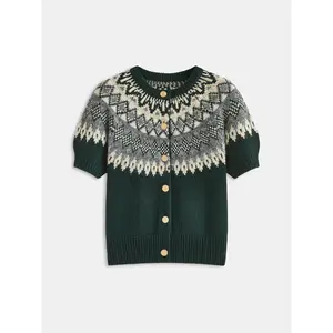 Cashmere-Blend Fair Isle Short-Sleeve Cardigan