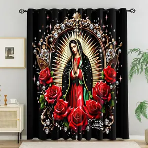 Religious Themed Printed Curtains, Home Decoration Curtain, Our Lady of Guadalupe Patterned Drapes, Suitable for Balcony Insulation, Bedrooms, Religious Activity Spaces With Blackout Window Cover Curtains (50%-70% Blackout Rate), 2 panels