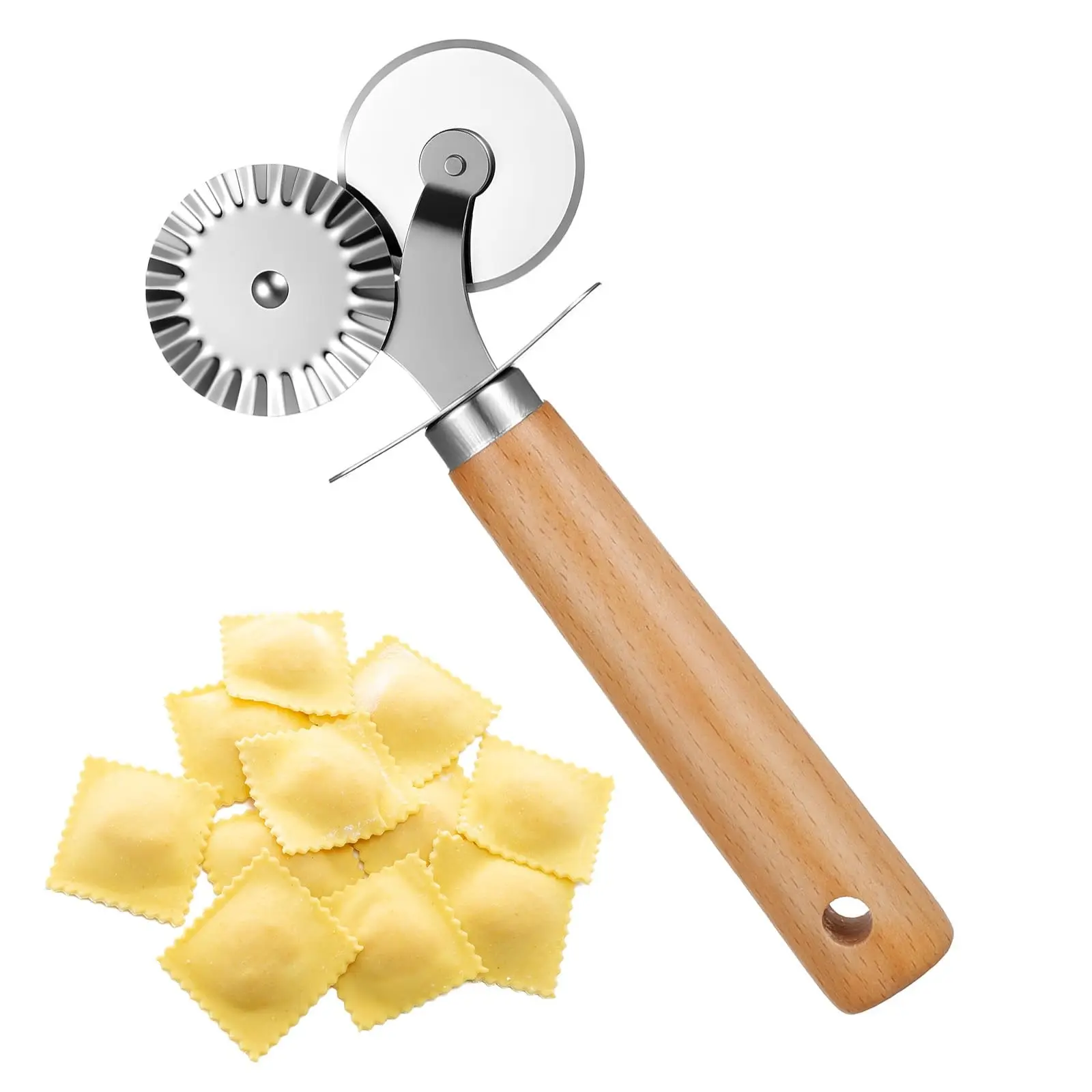 Wooden Handle Stainless Steel Pizza Cutter, Double Wheel Pastry Crimper, Fluted & Straight Edges, Multifunctional Dough Cutting Tool