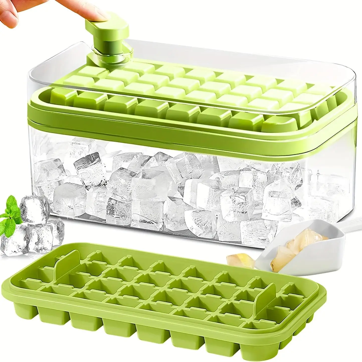 Ice Cube Tray with Lid & Bin, 1 Set Easy To Release Ice Cube Mold, Ice Maker, Ice Trays for Freezer, Kitchen Products, Kitchen Accessories
