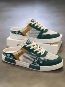 Plus Size Men's Green-Brown Paisley Mule Sneakers, Stylish Light & Breathable Style, Hollowed Mesh + Paisley Paneling + "FASHION" Logo, Breathable & Refreshing, Plus Size Friendly , Ideal for Plus Size Men's Summer Leisure & Light Outings