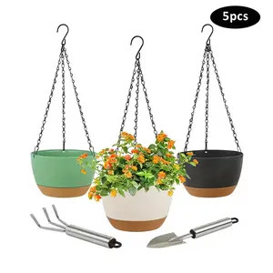 5 Packs, Hanging Planter Set, 3pcs 8 Inch Hanging - Pot Bring Two ShovelsWith Drainage Hole For Indoor Outdoor Plants, Plastic Hanging Plant Pot With Chain And Removable Tray, Garden Porch Balcony Patio Decor, Great Gift! outdoorfun