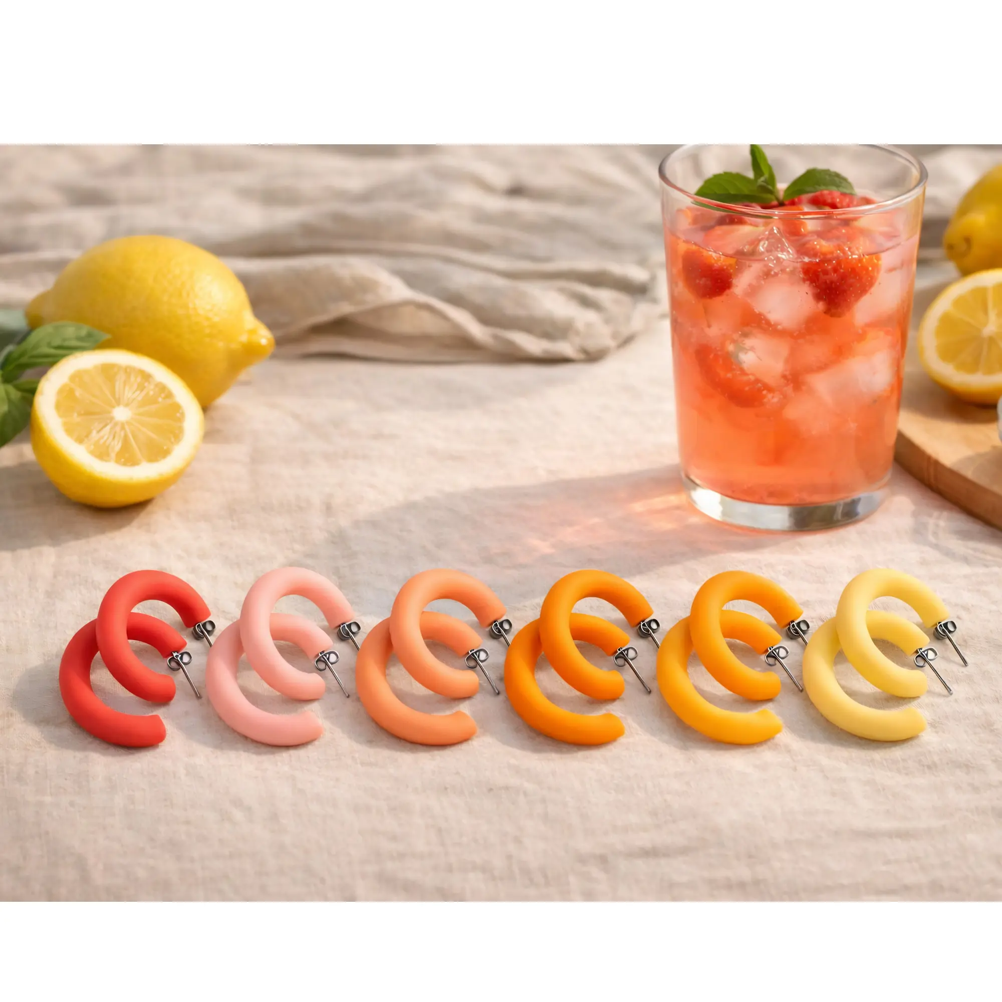 Fashion Polymer Clay Handmade Craft Pink Lemonade Hoop Earrings, Juicy Shades, Available in 6 Shades, Summer Accessory