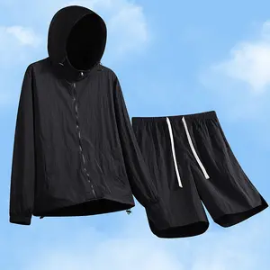 Men’s Summer Sun Protection Set – Black Casual Hooded Jacket + Elastic Waist Shorts, Two-Piece Set