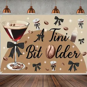 Summervibes 2D Flat Coffee Martini Theme Backdrop Tapestry - 1pc "A Tini Bit Older" Polyester Banner, 151.89*91.95cm/212.85*151.89cm, Ideal for Birthday Decor, Party Decoration Supplies, Home Wall Decor
