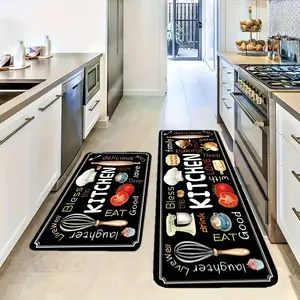 2pcs Black Kitchen Floor Mats, Kitchen Style Pattern Diatomaceous Earth Foot Mats, Hallway Running Long Mats, Soft, Comfortable, Easy to Clean, Suitable for Bathroom, Kitchen, Bedroom Entrance And Hallway Decoration