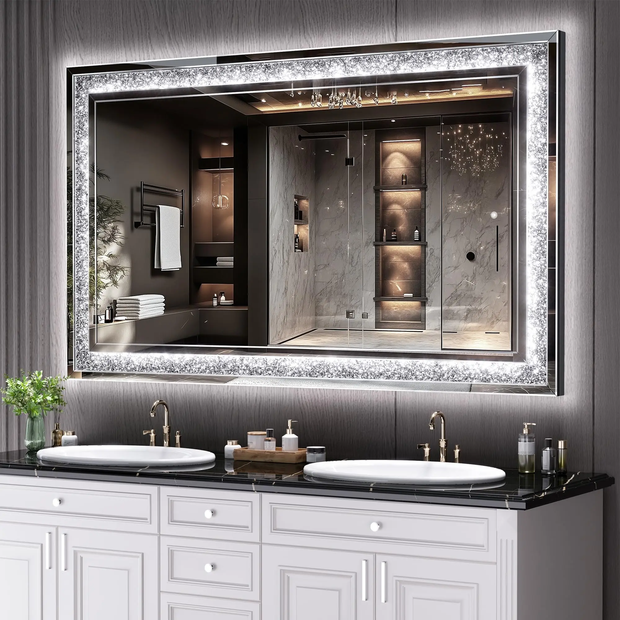 Hasipu LED Diamond Wall Mirror, LED mirror for Home Décor, Crystal Diamond Mirror for Bathroom Livingroom and Bedroom, Dimming & 3 Color Modes