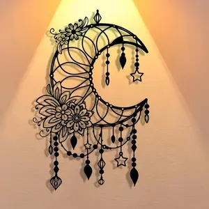 Gothic Metal Vintage Wall Art, Hanging Wall Art: Crescent Moon Intertwined with Floral Design, Adorned with Intricate Bead and Star Detailing. Perfect for Decorating Homes, Offices, Coffee Shops. Unique Artwork, Wall Sculptures Decoration