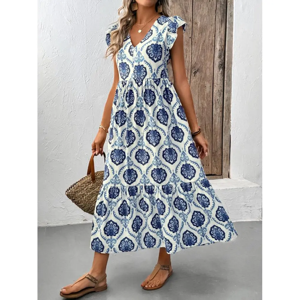YESFASHION Women's Deep V-Neck Ruffle Sleeve Printed Midi Dress - Lightweight, Soft, Pullover, Loose, Tiered, Flowy, Oversized, Breathable, Outdoor Casual Sundress (83% Viscose,17% Polyamide) with Zipper for Tropical Vacations, Beach Outfits LXX