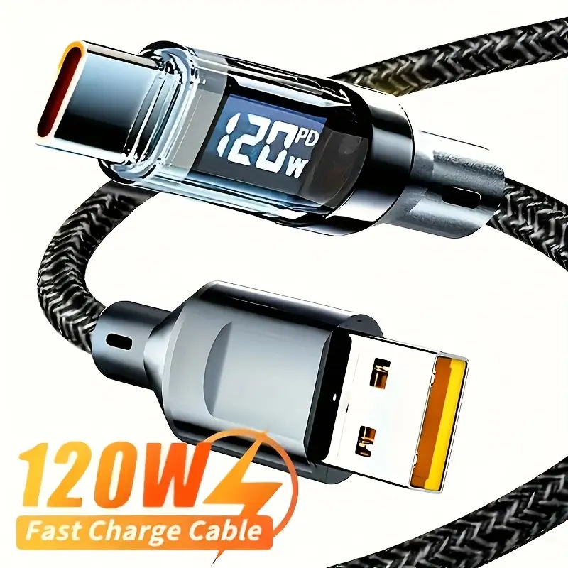 120w USB-C Fast Charging Cable, USB C Compatible, Mobile, Cellphone, Smartphone, Real-Time Digital Display, Polyamide Material, LED Screen, High-Speed Power Transfer, Universal Model, Advanced Safety Features, Electronic