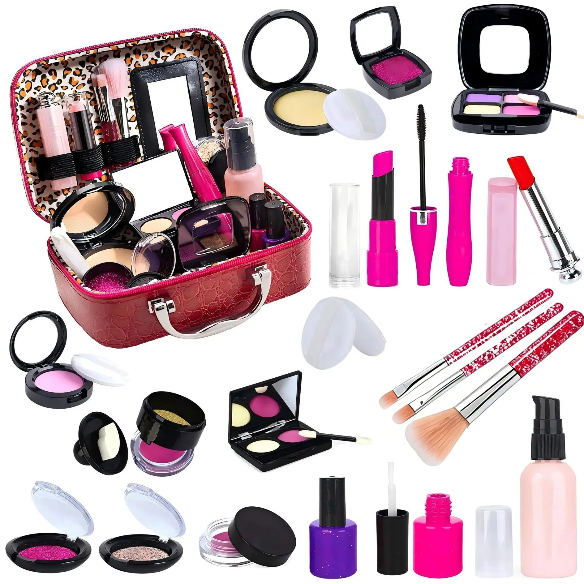 Role-play makeup set for children; this realistic-looking makeup set for girls includes eyeshadow, blush, lipstick, makeup brushes, a sponge, and a hairbrush—perfect as a birthday or Christmas gift for girls ages 3–12 Kid Playset