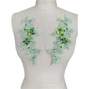 One Pair Light Green Fine Lace Embroidered Rhinestones Sequins Beads Applique Patches Sew On For Dress Decoration Accessories