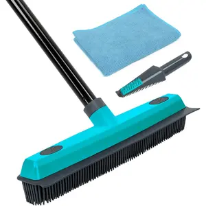 Pet Hair Removal Broom Carpet Rake Rubber Broom with Squeegee Rug Rake to Fluff Carpet