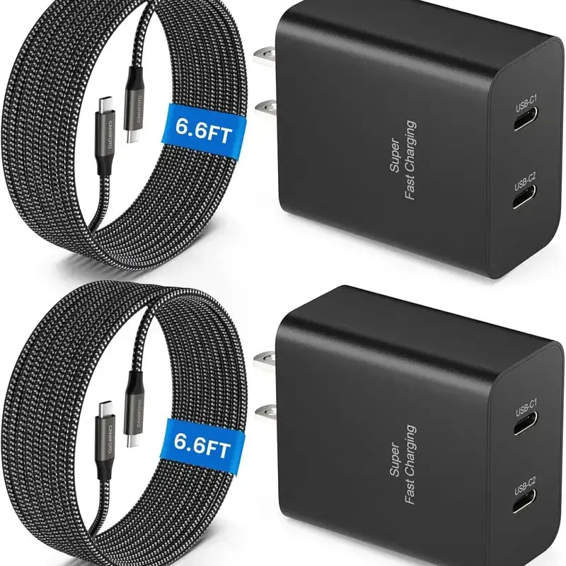 45W Output USB-C Fast Wall Charger (2-Pack) with 6.6ft USB-C Cables for Mobile Devices, Efficient Charging Solution, 6.6Ft Cable